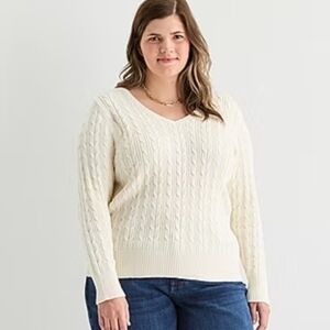 St. John's Bay Plus Womens V Neck Long Sleeve Pullover Ivory Sweater Size 1X NEW